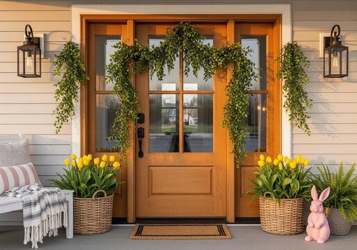 Festive front door decorated for spring with tulips and greenery