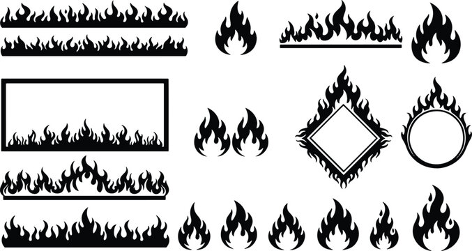 A set of vector line art flames in silhouette for design and decoration purposes