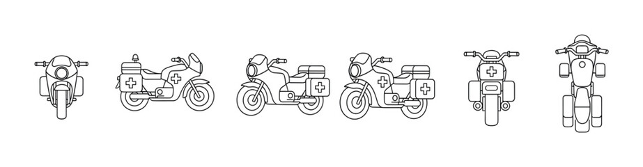 Medical motorcycles vector line art icons set for emergency services and healthcare transportation needs.
