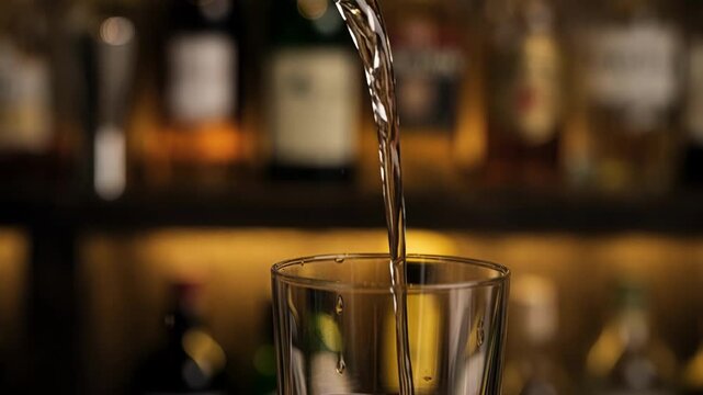 Closeup on hand tilting jigger filled with spirit sharp focus on pouring stream blurred bar tools and ambient lighting behind.