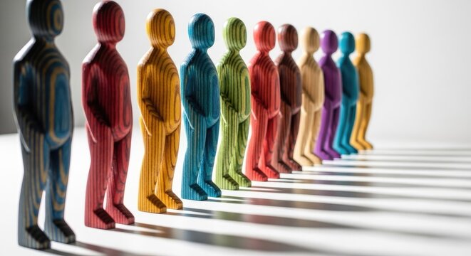Colorful wooden figures in a row representing diversity and inclusion concepts