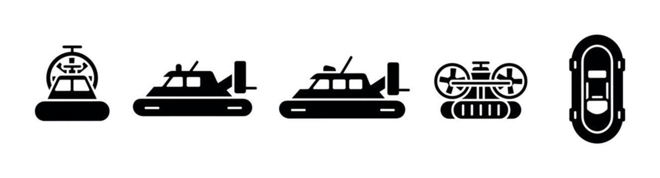 Various hovercrafts and boats are depicted in a set of black silhouette icons for transportation design.