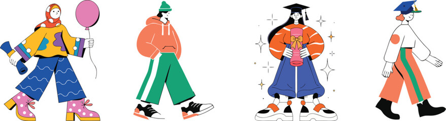Fototapeta premium Diverse Set of Graduating Student Characters – Stylish Flat Vector Illustration of Academic Success