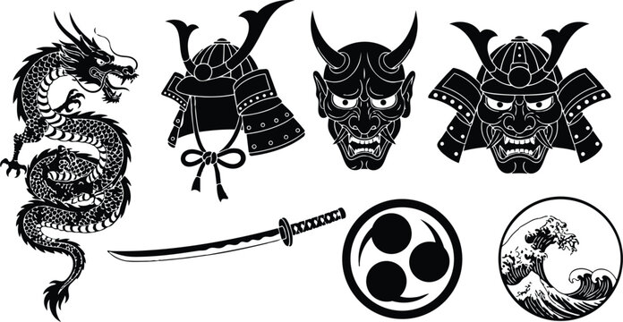 Japanese vector tattoo set close up coiled dragon and samurai helmet with oni mask katana tomoe wave icons in black silhouette for printable emblem collection high resolution