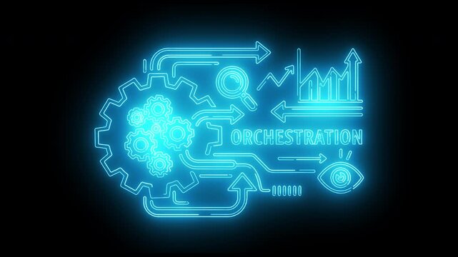Neon-lit illustration of a brain with glowing blue circuits and gears on a black background with the word 'ORCHESTRATION' and various technical symbols.