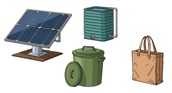 Sustainable living and eco-friendly practices illustrated solar power, water conservation, waste recycling, and responsible consumption for a greener lifestyle