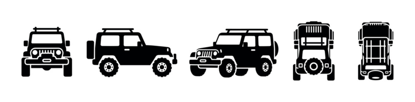 Off-road vehicles icon set featuring various perspectives of rugged 4x4 cars designed for adventure travel.