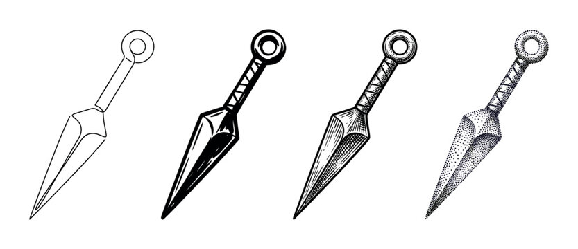 Four different styles of traditional Japanese kunai knives are displayed in a vector illustration set.