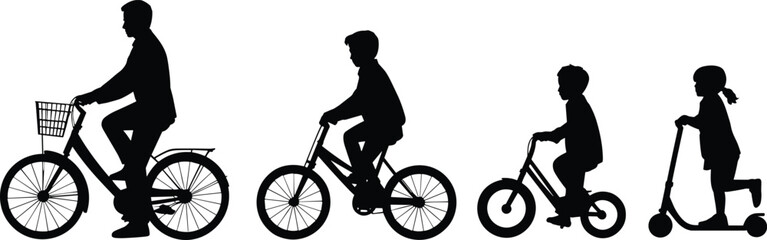 Fototapeta premium Black silhouette collection of a man and children riding bicycles and a kick scooter for active family recreation outdoor fitness and healthy lifestyle concepts.