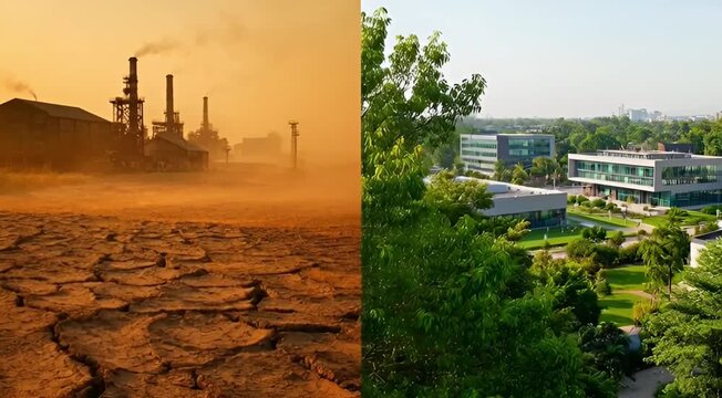 A split-screen comparison showing a dry, cracked desert with industrial factory pollution on one side, and a lush green sustainable city with modern architecture on the other