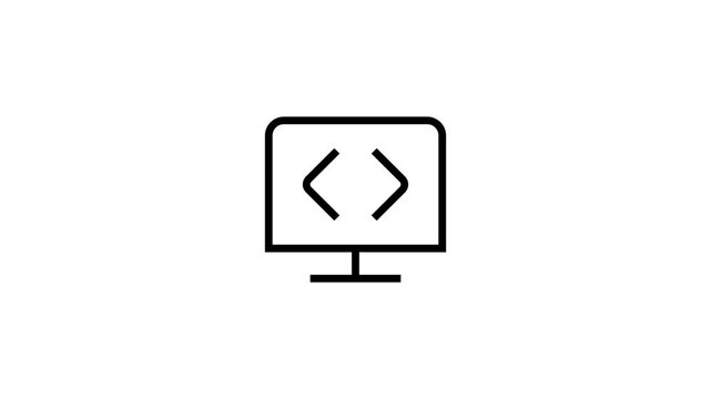 Modern computer monitor displaying programming code brackets icon on a clean white background, minimalist tech concept.