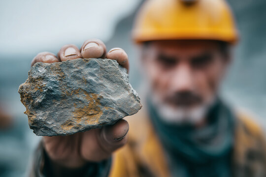 Male miner wearing work clothes presenting a lithium-rich rock in the foreground, for themes about mining and natural resources, lithium and battery materials, clean energy transition