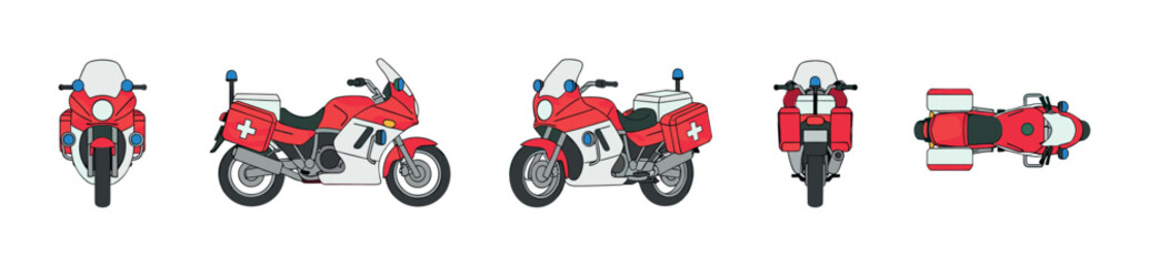 Red and white emergency motorcycle vehicle with medical cross symbol and blue light for rapid response.