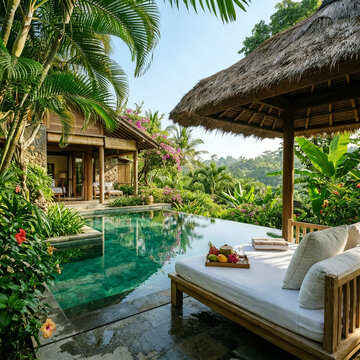 Private infinity pool at a luxury Southeast Asian pool villa surrounded by lush tropical garden