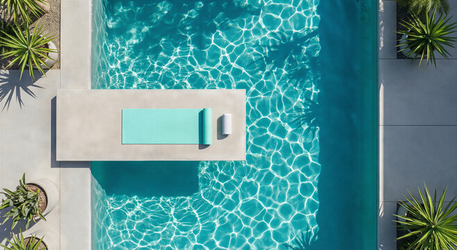 Stunning top view of a turquoise swimming pool with a concrete tanning ledge and a yoga mat for morning wellness.