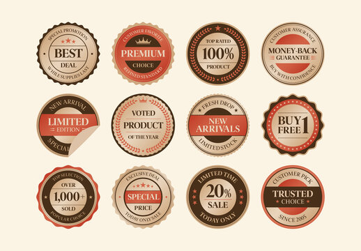 Vintage Marketing Badge Vector Set Retro Labels, Seals, Emblems, Stickers for Product Packaging Promos