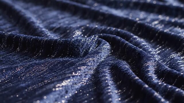 Closeup of shimmering dark blue fabric with intricate texture and sparkling sequins creating a luxurious and elegant background for fashion or design projects.