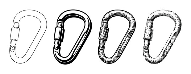 Four different styles of climbing carabiners are illustrated in a black and white vector art collection for outdoor adventure.