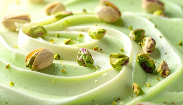 Smooth, swirls of creamy pistachio flavored dessert dotted with shelled nuts green