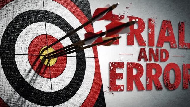 Archery target with arrows and trial and error text on gray background