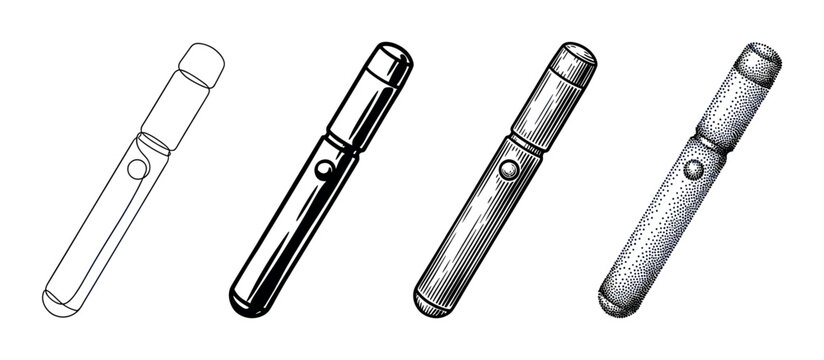 Electronic cigarette vape pen device illustration set showcasing various artistic styles including outline, solid, hatched, and stippled designs.
