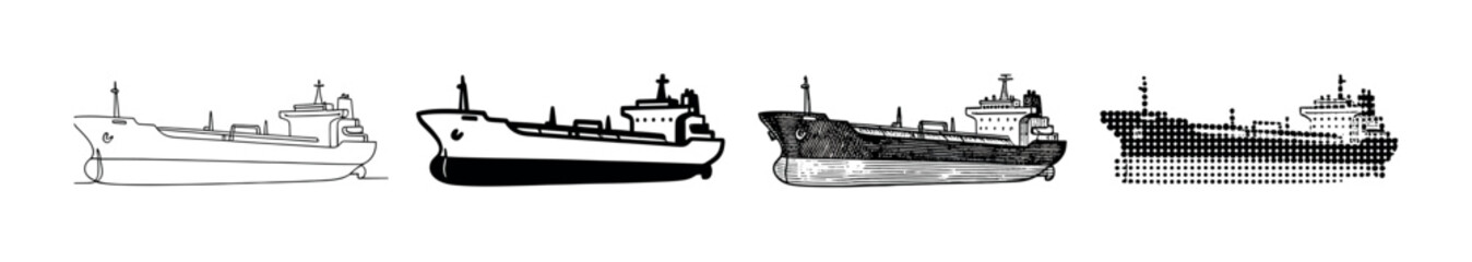 Obraz premium Four cargo ships illustrated in various black and white artistic styles, showcasing different graphic representations of maritime transport.