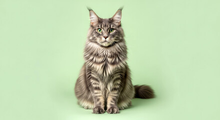 Obraz premium Gray Maine Coon cat sitting on light green background with space for text. Perfect for advertisement, pets concept design.