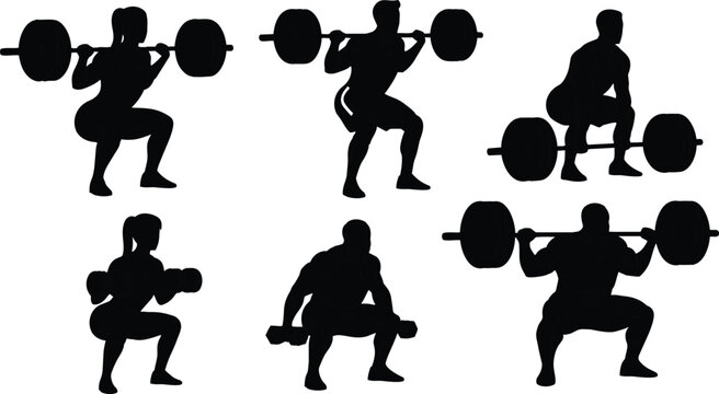 Monochrome vector illustration showing six weightlifting silhouettes of male and female athletes performing barbell back squat and deadlift in studio lighting with intense athletic focused
