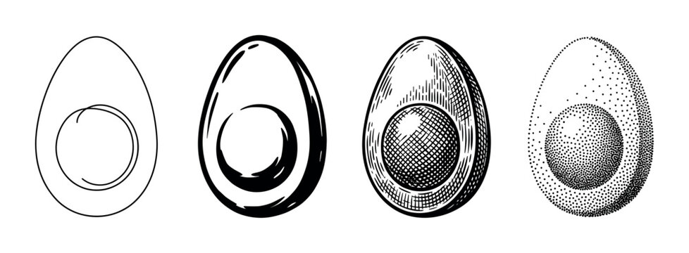 Hard-boiled egg half illustrations showcasing various artistic drawing styles from simple outline to detailed stippling, perfect for culinary design.