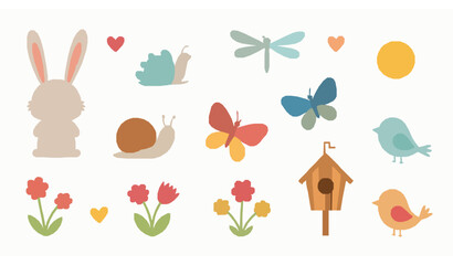 Cute Spring Summer Sticker Set with Rabbit Flowers Butterfly and Sun Flat Vector © abdul