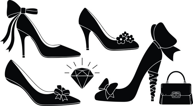 Fashion silhouette close up of black high heel shoes with bows and floral accents beside handbag and shining diamond icon flat vector mockup in studio elegant lighting