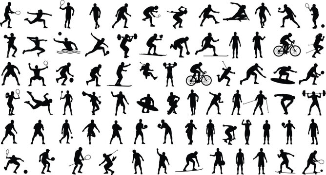 Large collection of sports silhouettes with athletes playing tennis, cycling, skiing, weightlifting, swimming and running on white background, cad drawing flat vector illustration