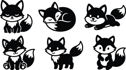 Obraz premium Flat design six cute fox icons various poses close up front view sleeping curled playful sitting standing tail detail vector black silhouette clipart for kids friendly