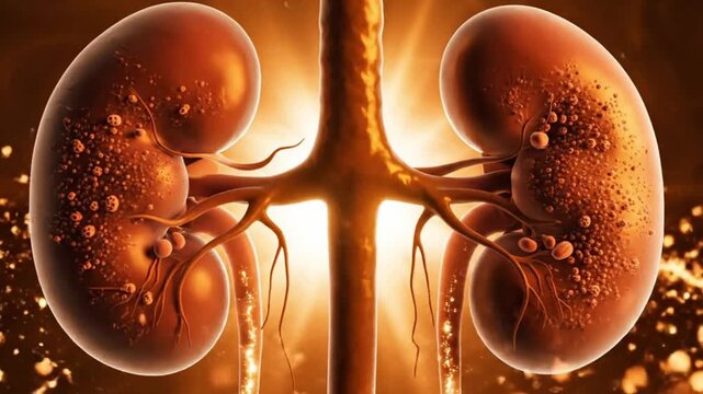 Human kidneys with glowing particles on surface and background