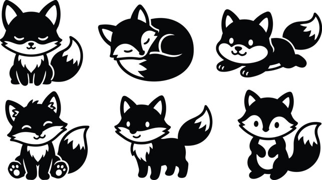 Flat design six cute fox icons various poses close up front view sleeping curled playful sitting standing tail detail vector black silhouette clipart for kids friendly