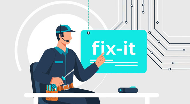 Repairman with Fix-It Sign and Circuit Board Background