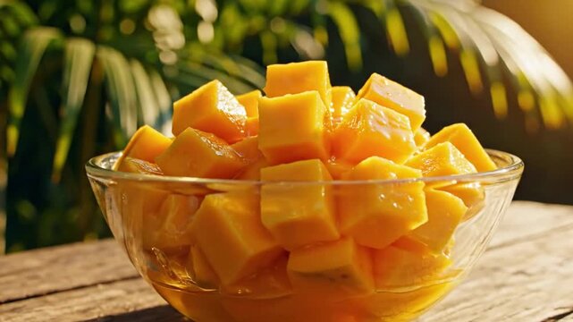 Close-up of a glass bowl filled with fresh mango cubes sitting on a wooden table outdoors in sunlight