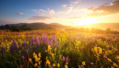 Fototapeta premium Endless Wildflower Field at Golden Hour with Warm Sunset Glow