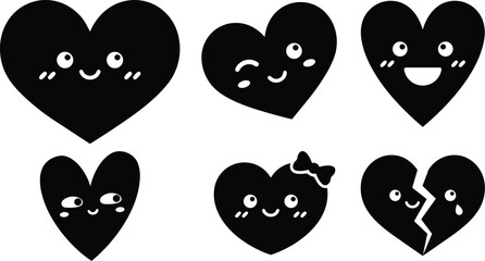 Fototapeta premium Cute kawaii flat design close up six heart emoticons with expressive faces smiling winking and crying with bow accessory on white background minimalist vector art playful