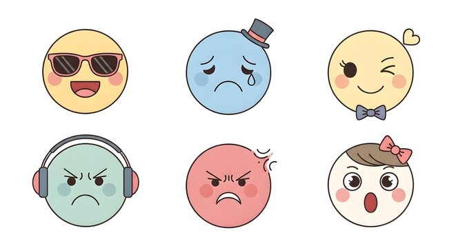 A diverse collection of emotive cartoon faces expressing various emotions and reactions in a 2x3 grid arrangement