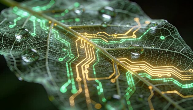 Green Technology Leaf Circuit Nature Innovation Future Concept with Green Digital Pattern Glowing Water Drop Eco Energy Biochip Connection Organic Network Electronic Detail Macro