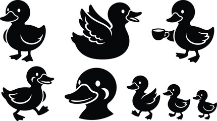 Obraz premium Minimalist vector art close up duck head and playful duck family walking and flying with cup handheld side view black silhouette icons flat design cute studio