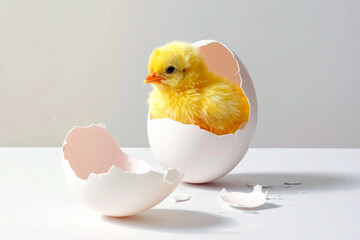 a chick hatching from a broken egg on a white surface