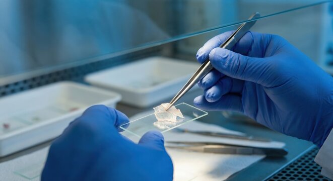 Scientist placing tissue sample on microscope slide