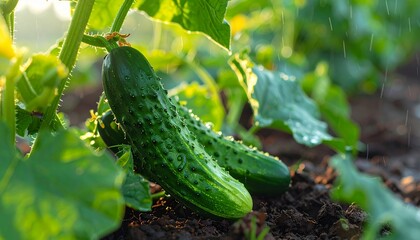 Obraz premium Fresh green cucumber growing on plant with rain droplets in organic garden soil