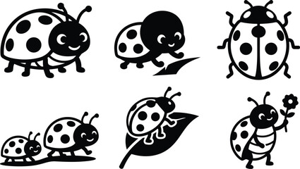 Obraz premium Vector minimalist flat design close up smiling ladybug icon set with side view top view on leaf crawling and holding flower playful black silhouette cute faces