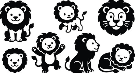 Fototapeta premium Minimalist vector close up and full body lion icon set showing playful standing sitting sleeping roaring faces in flat black silhouette with clean friendly mane