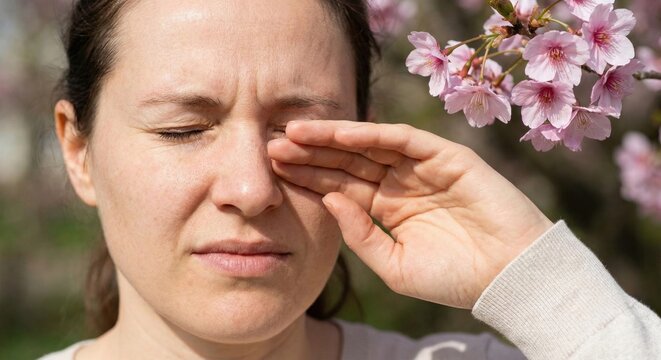 Woman rubbing itchy eye next to spring cherry blossoms