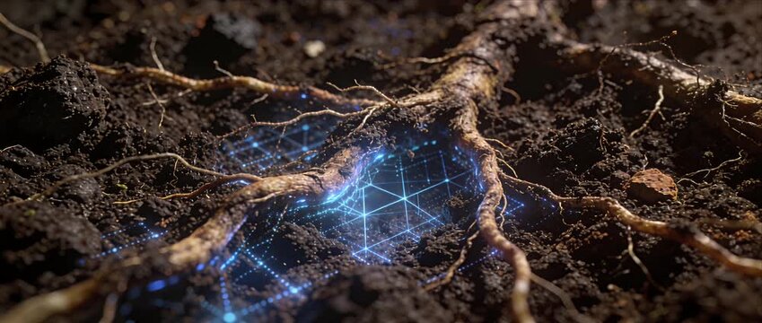 Futuristic technology root soil nature science data network biotechnology environment showing organic tree root fertile soil with glowing digital future technology data network connection