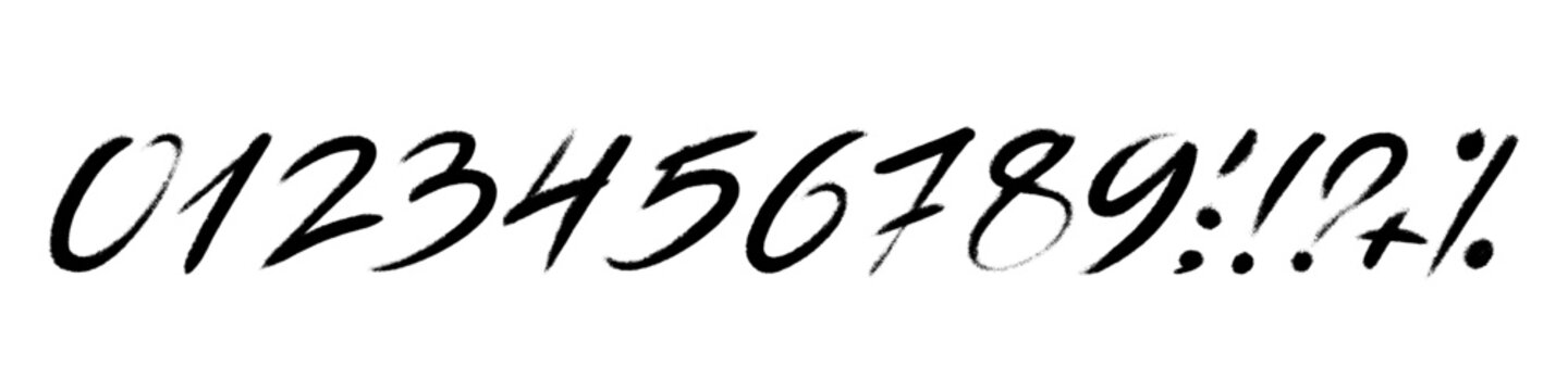 Vector set of calligraphic hand written ink numbers and signs. Design elements, brush lettering. One color graphic resources.